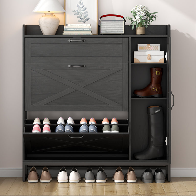Shoe Storage Cabinet with 2 Flip Drawers, Shoe Organizer Rack with Adjustable Side Cabinet, Black