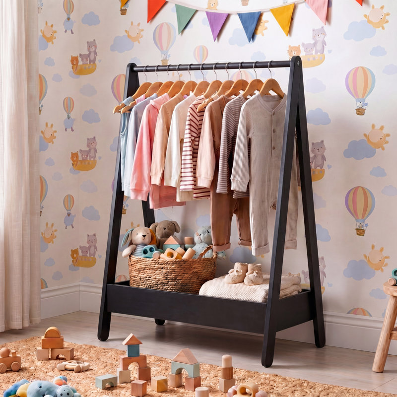 Kids Clothes Rack With Hanging Rail & Lower Storage Shelf For Bedroom And Playroom Organisation, Black