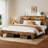Farmhouse King Size Bed Frame with Storage Headboard, Wooden Platform Bed Frame with Charging Station & LED Light，Noise Free,No Box Spring Needed and Easy Assembly-1254124596-1248449093