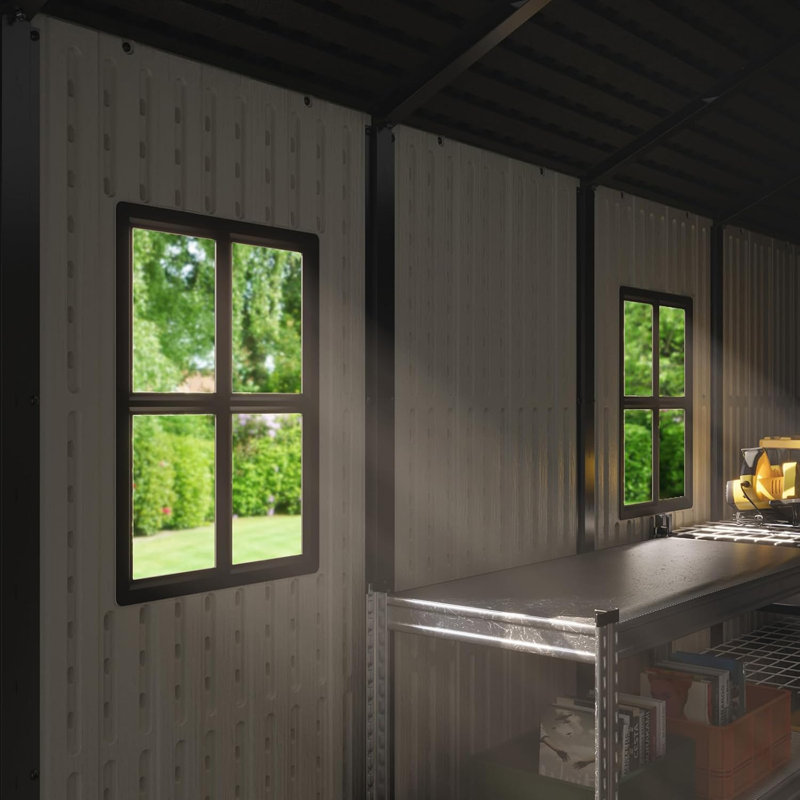 Remise de rangement extérieure en plastique avec plancher, remise en résine avec fenêtre et porte verrouillable pour le jardin, la cour, rangement pour outils, facile à installer en beige