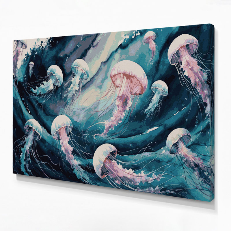 Art mural sur toile bleu méduse nautique, H 11 po x l 14 po