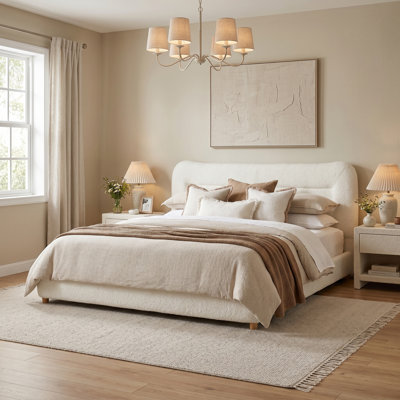 King Wood Fabric 86.25" L x 85.5" W x 37.8" H Platform Bed Cream