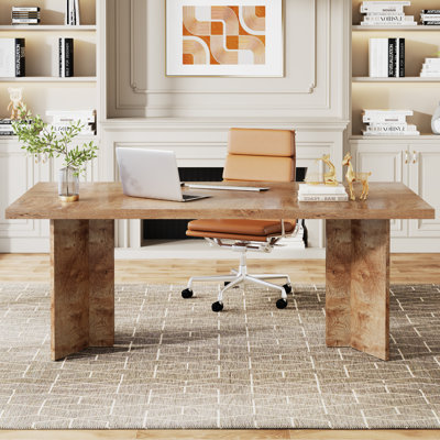63" Farmhouse Executive Desk – Vintage Wood Computer Workstation With Thickened Tabletop, Large Writing & Conference Table For Home Office Or Study