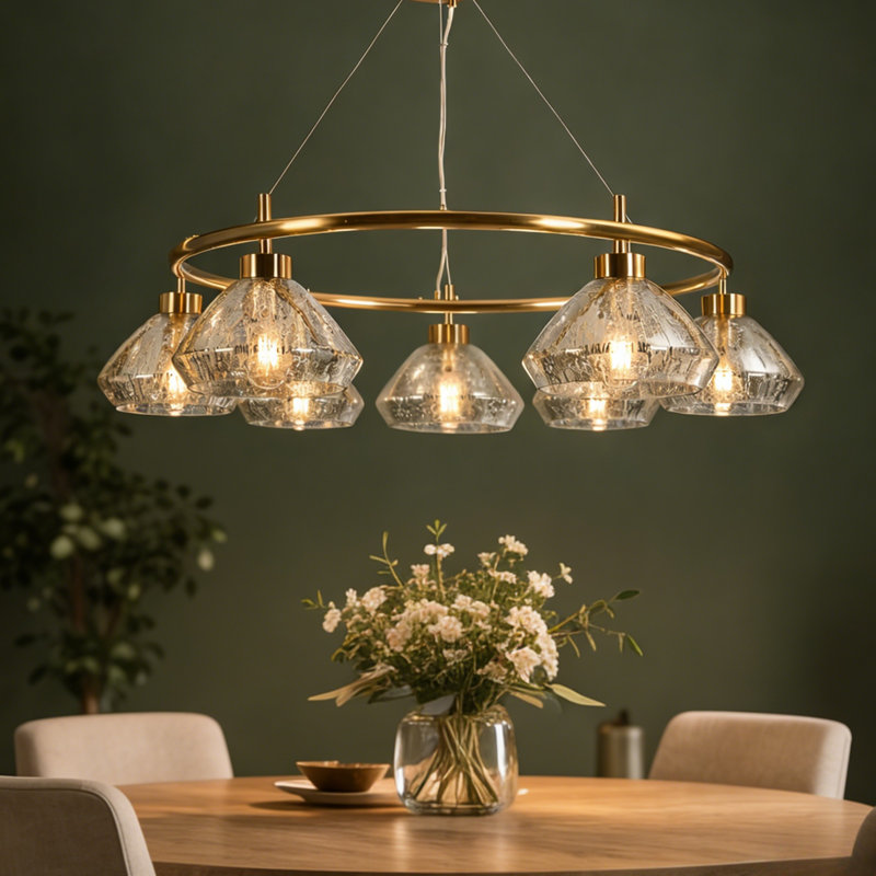 Lustre 6 lumières à roue de chariot moderne à intensité variable avec verre mercurisé