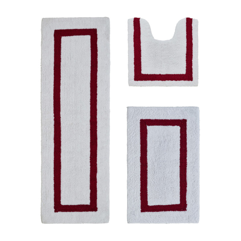 Atle Reversible Cotton Tufted Bath Rug Set, 3PC (20" x 20" | 21" x 34" | 20" x 60"), White/Red