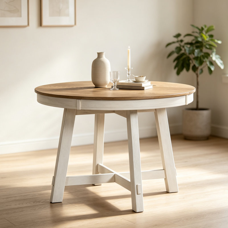 Table de salle à manger à rallonge Farmhouse, Bois de chêne naturel, Blanc antique