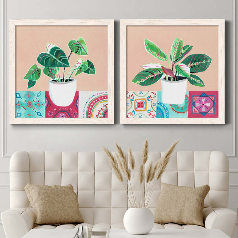 «Growing Happy I», ensemble de 2 peintures sur toile encadrées, H 31,5 po x l 63 po x P 1,5 po, Cadre blanc