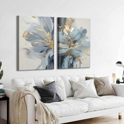 2 pièces neutre abstrait toile d'art floral luxueux bleu clair gris et or peinture de peinture photos décoration murale affiche impression pour salon chambre salle de bain décoration de la maison