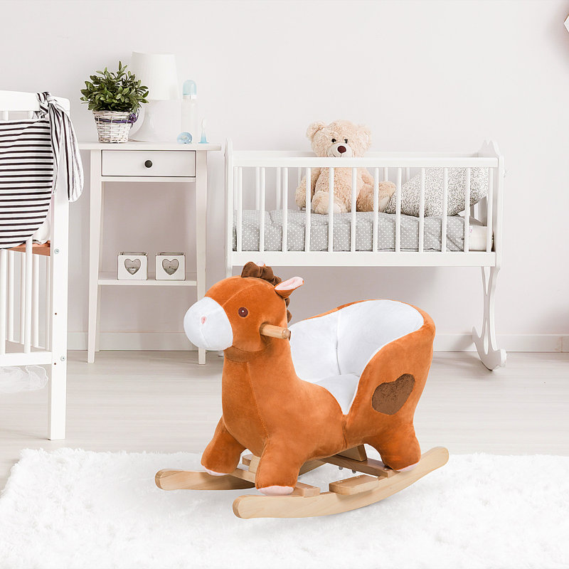 Brown Plush Rocking Horse with Wooden Base and Songs