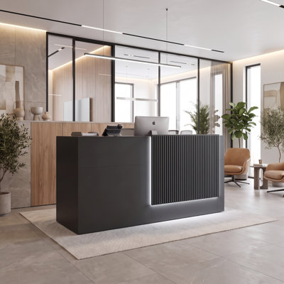Comptoir d'accueil moderne de 200 cm (78,7 po) avec façade cannelée à DEL, tiroir verrouillable, prises de courant intégrées, port USB-C et rangement. Parfait pour la caisse, le salon de coiffure, le bureau et le comptoir d'accueil.