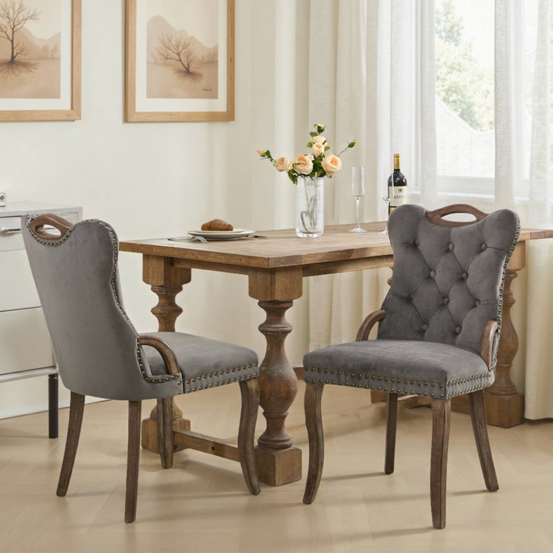 Set of 2 Velvet Dining Chairs with Hand-Tufted Trim, French-American Style Wingback Chair with Solid Wood Legs, Gray
