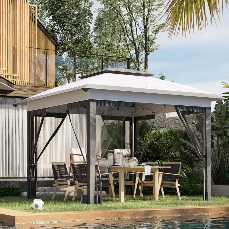 Gray Pop-up Canopy Tent With Netting, 137 Sq.ft Shade For Outdoor, Garden, Patio - Height Adjustable Party Gazebo Outdoor Canopy, 12' X 12', Patio,