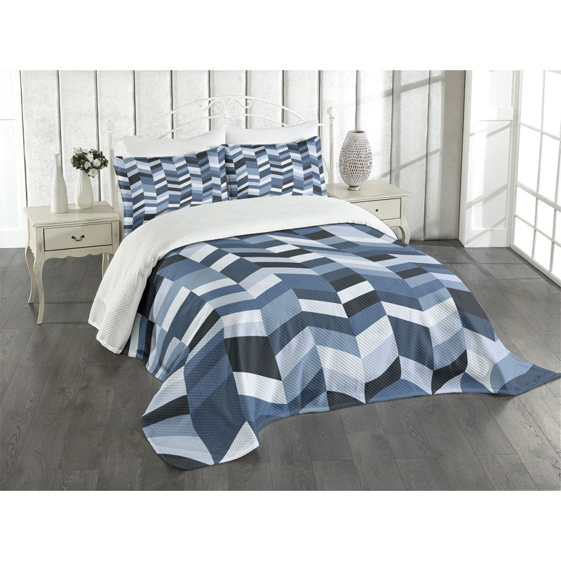 King Size Blue Quilted Bedspread Set with Pillow Shams