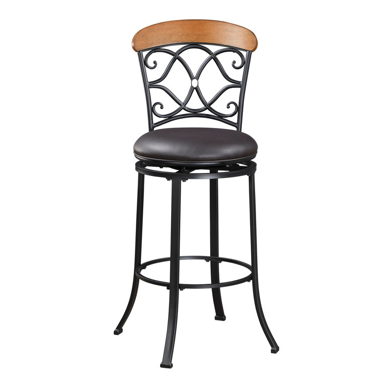 Fauteuil pivotant d'une hauteur de 45 po, structure en métal noir, revêtement en similicuir brun, capacité de poids de 250 lb, profondeur d'assise de 17 po, capacité, espace repas