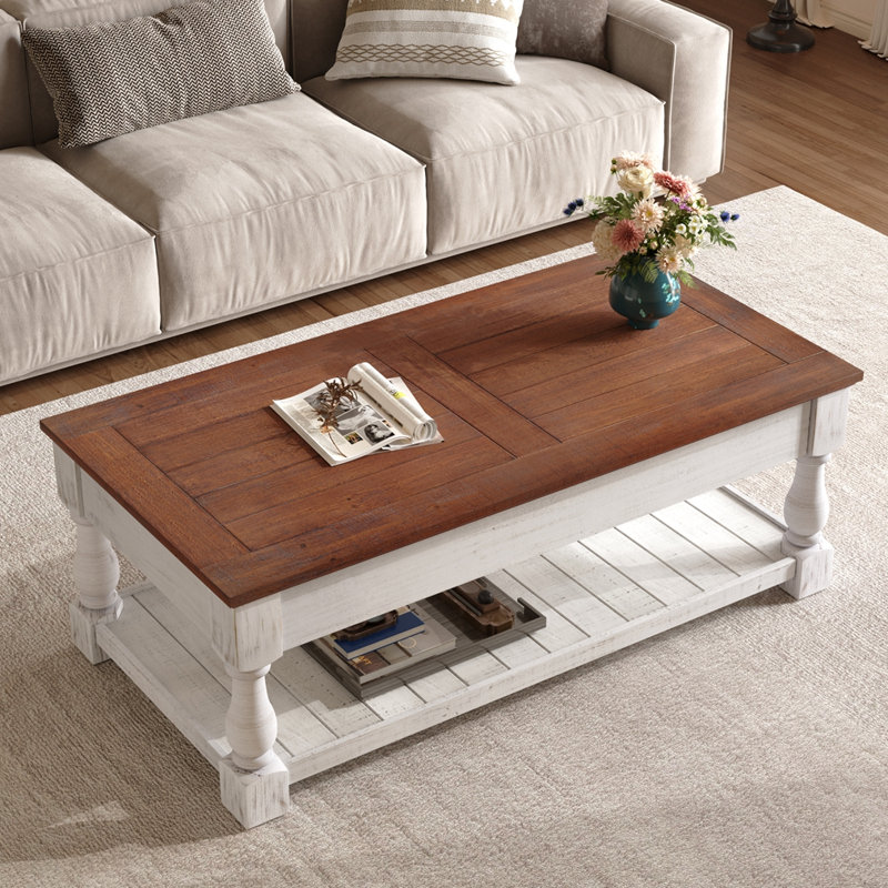 Table basse à plateau relevable Farmhouse, Blanc ancien, Espresso antique