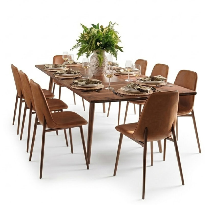 Extendable Rectangular Dining Table Set For 8 With Faux Leather Chairs, Brown
