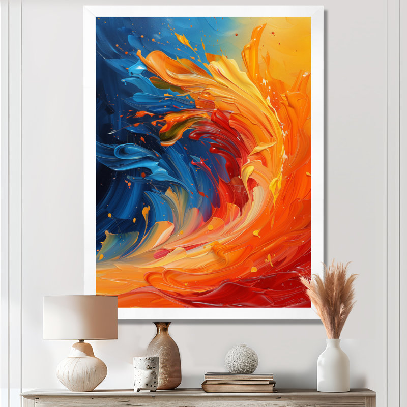 «Orange Blue Wonderful Abstract Waves I», impression d'art mural vagues côtières, Toile encadrée blanche avec une seule photo