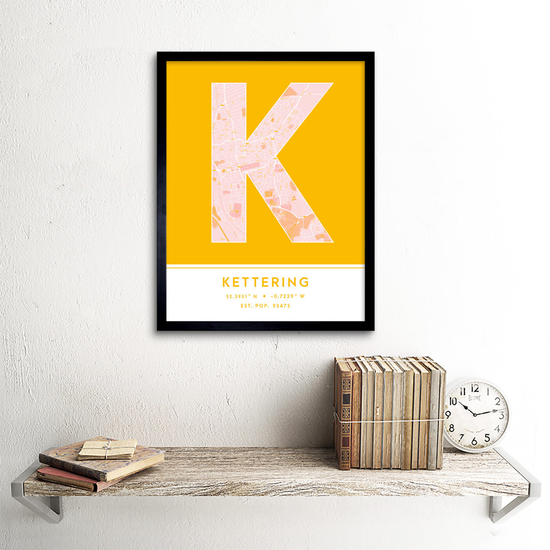 Kettering City Map Kettering Yellow by Wee Blue Coo - Single Picture Frame Typography