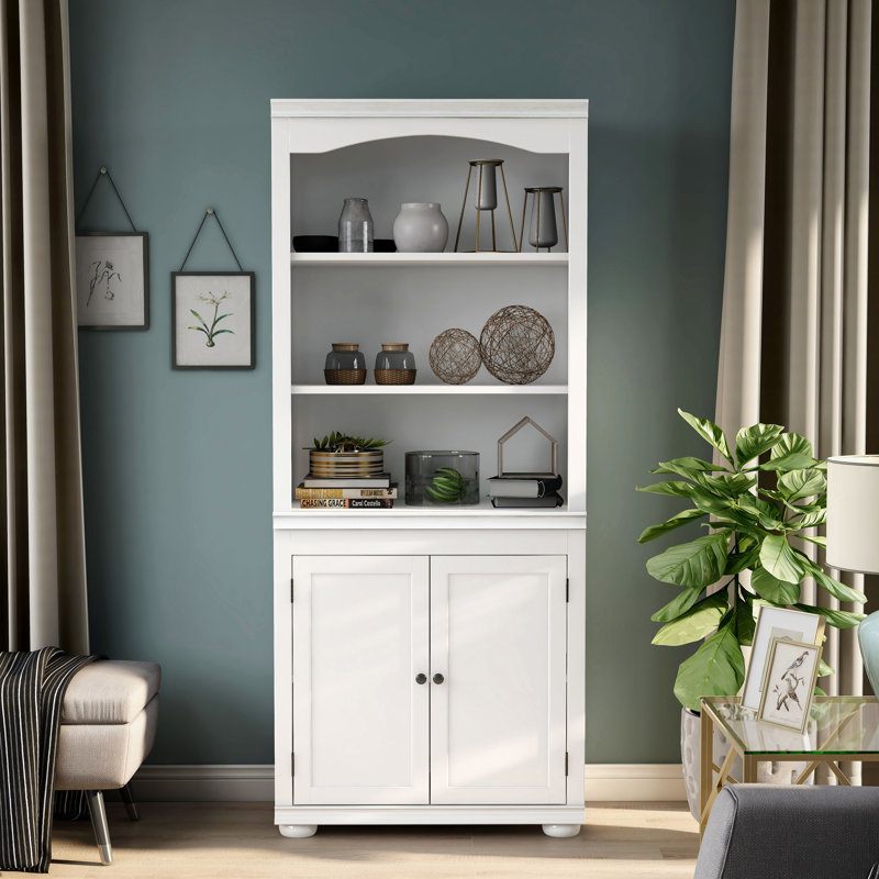 Bibliothèque en bois massif avec armoire Asmitha, Blanc lumineux
