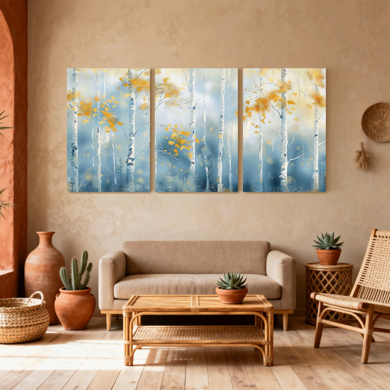 «Landscape & Nature Birch Trees Autumn Leaves Blue Sky», ensemble de 3 impressions sur toile, H 18 po x l 36 po