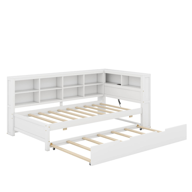 Lit de jour simple avec lit gigogne, tablette et port USB, Blanc