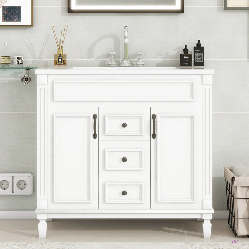 Meuble-lavabo 36 po avec lavabo supérieur, armoire de rangement moderne avec 2 portes à fermeture douce et 2 tiroirs, meuble-lavabo simple