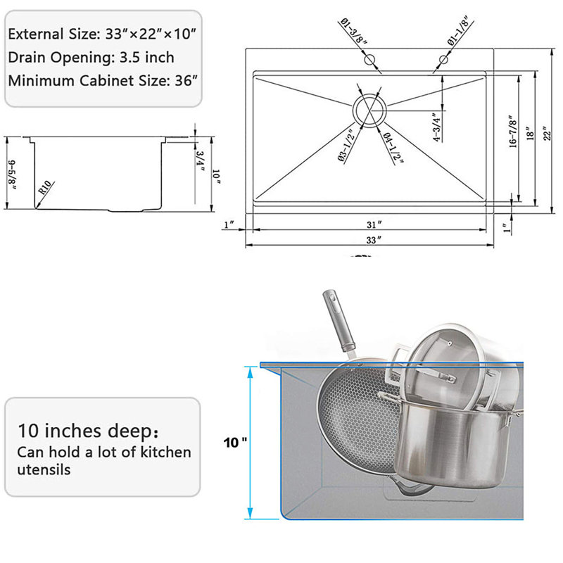 33 " L Drop-In Single Bowl Stainless Steel Kitchen Sink