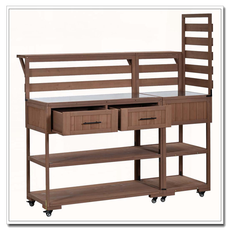 Chariot de cuisine en bois massif avec plateau en acier inoxydable 62,3 po, Brun
