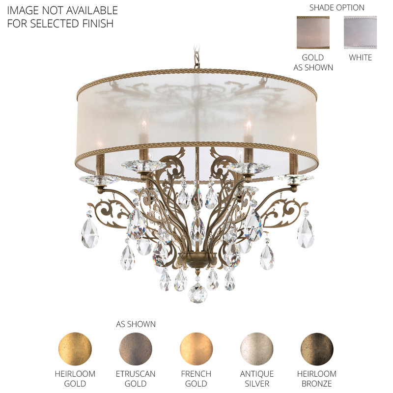 Filigrae 6 Light 24in x 22in Chandelier with White Fabric Shade in Antique Silver with Clear Heritage Handcut Crystals, White