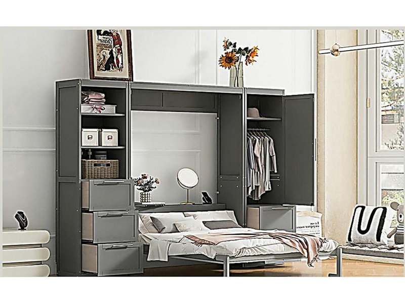 Très grand lit mural avec garde-robe, tiroirs et tablettes de rangement, gris, Gris