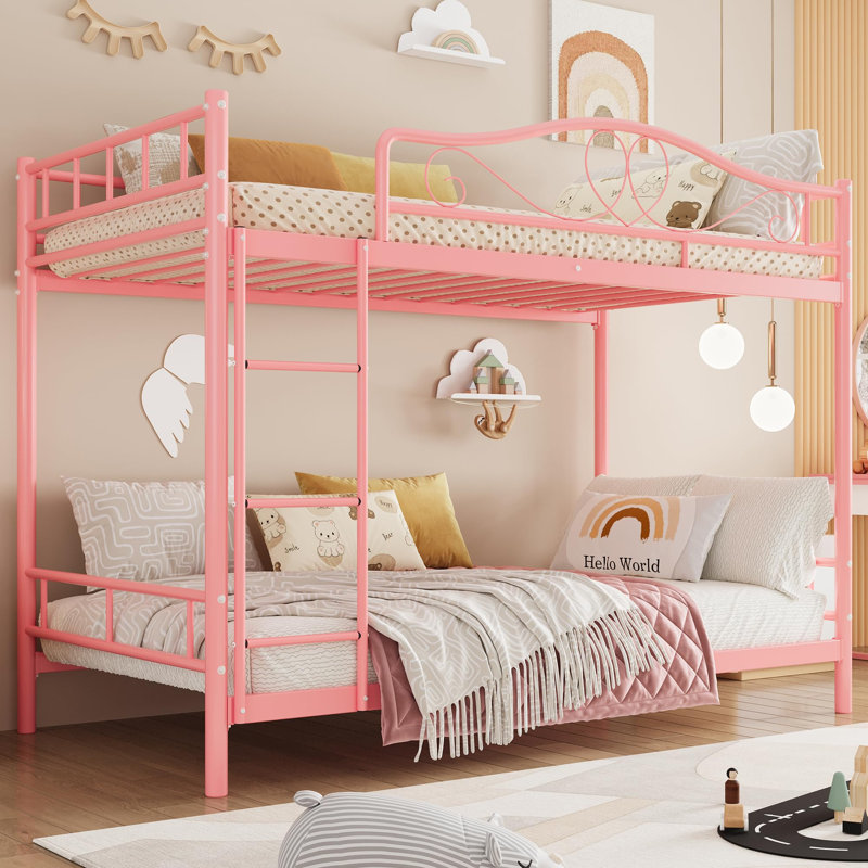 Twin Over Twin Metal Bunk Bed with Ladder & Full Guardrail, Heavy-Duty Frame 400 lbs Capacity, Space-Saving Design, Pink