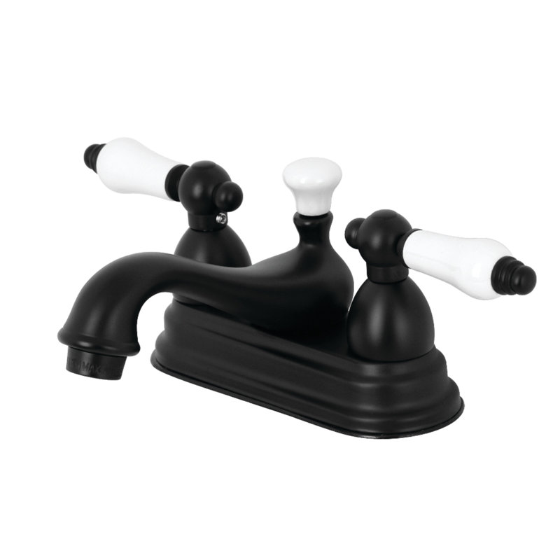 Kingston Brass Restoration Two-Handle 3-Hole Deck Mount 4" Centerset Bathroom Faucet with Brass Pop-Up, Matte Black