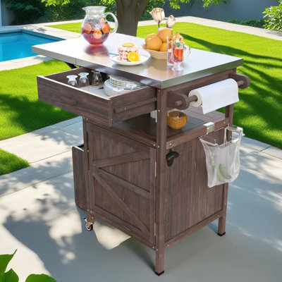 Chariot de barbecue extérieur de 40,5 po avec plateau en acier inoxydable, armoire de rangement d'extérieur en bois massif avec abattant, un tiroir, porte-serviettes, chariot de cuisine roulant avec roues verrouillables pour jardin gazonné