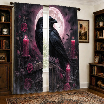 2Pcs Gothic Raven and Roses curtains, light filtering fabric, dark mysterious full moon scene print pattern, sunshade privacy protection, rod-pocket design, suitable for living room, bedroom, balcony, kitchen home decoration