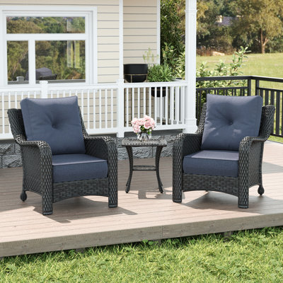 3 Piece Wicker Outdoor Furniture Set with 6-inch Comfy Cushions, High Back Patio Furniture Set with Rattan Armchairs and Side Table