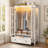 31.5'' Freestanding Wardrobe Armoire with LED Light, Modern Clothing Storage Cabinet with Drawer & Hanging Rod, Bedroom Closet Organizer