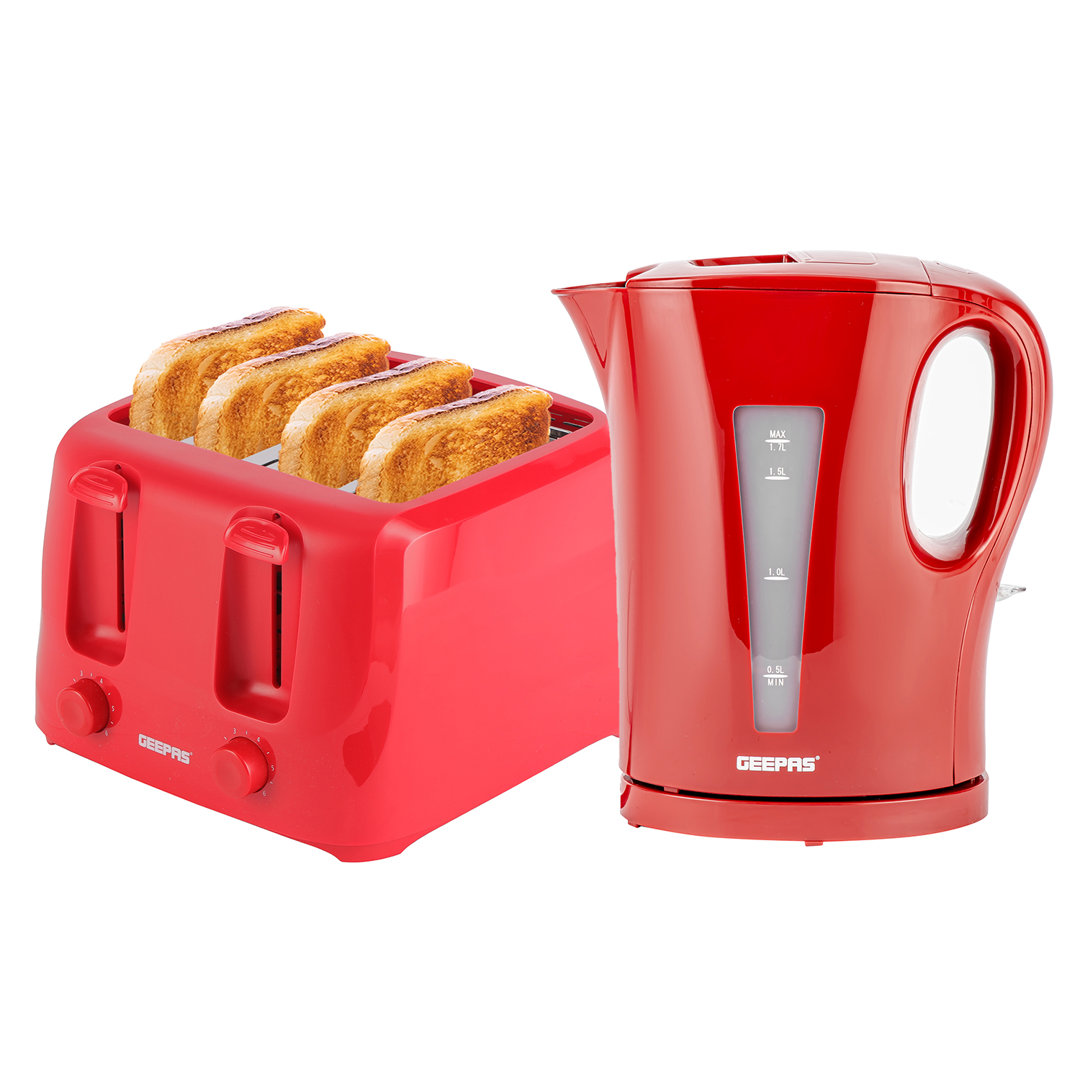 2200W 1.7L Electric Kettle & 4 Slice Bread Toaster Kitchen Combo Set Red - Image 2