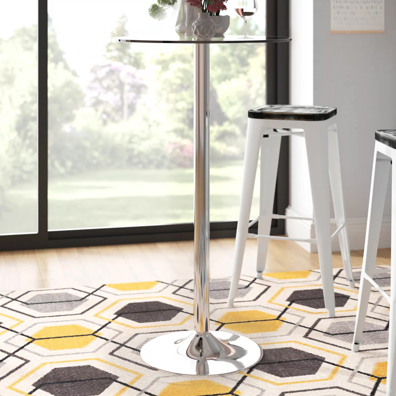 Helmscott Round Glass Event and Cocktail Table with Chrome Base, Bar Height (41.75" Height)