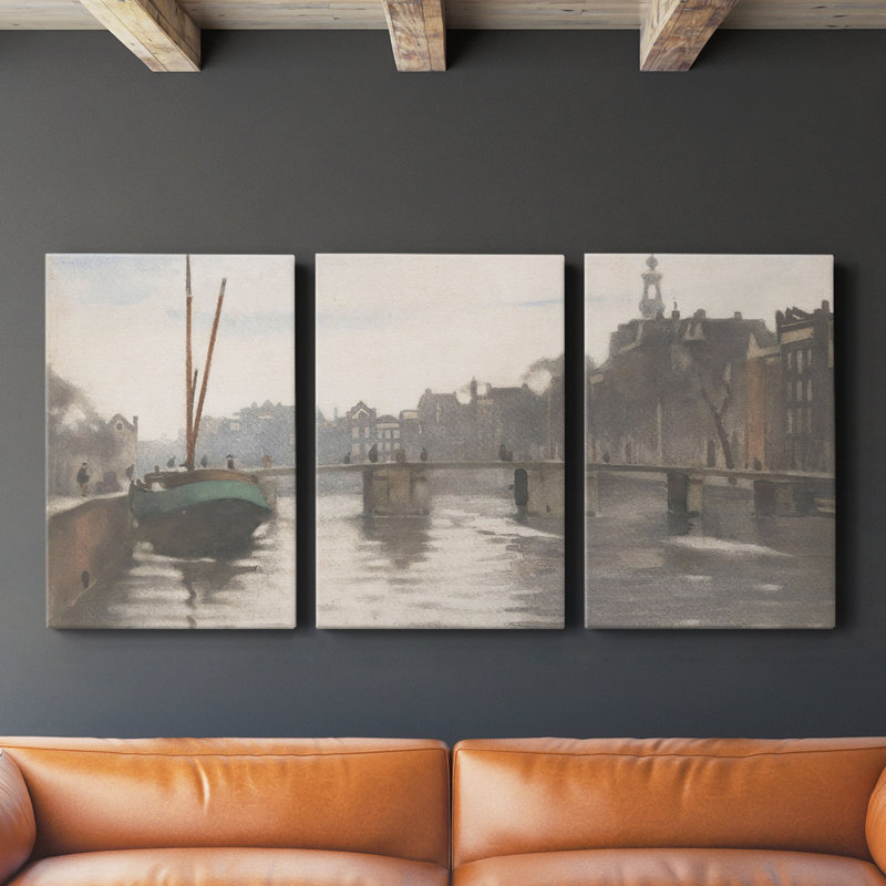 Ensemble de 3 art murales rétro vintage sur canal avec bateaux, Amsterdam, Ensemble - 24 x 36 chaque panneau