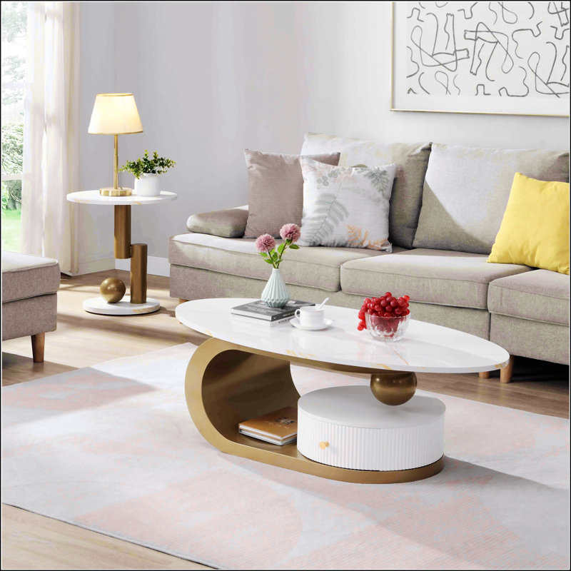Modern Nesting Golden Coffee Table Set Of 2, Elegant Faux Marble And Metal Frame For Living Room, Oval And Round Tables