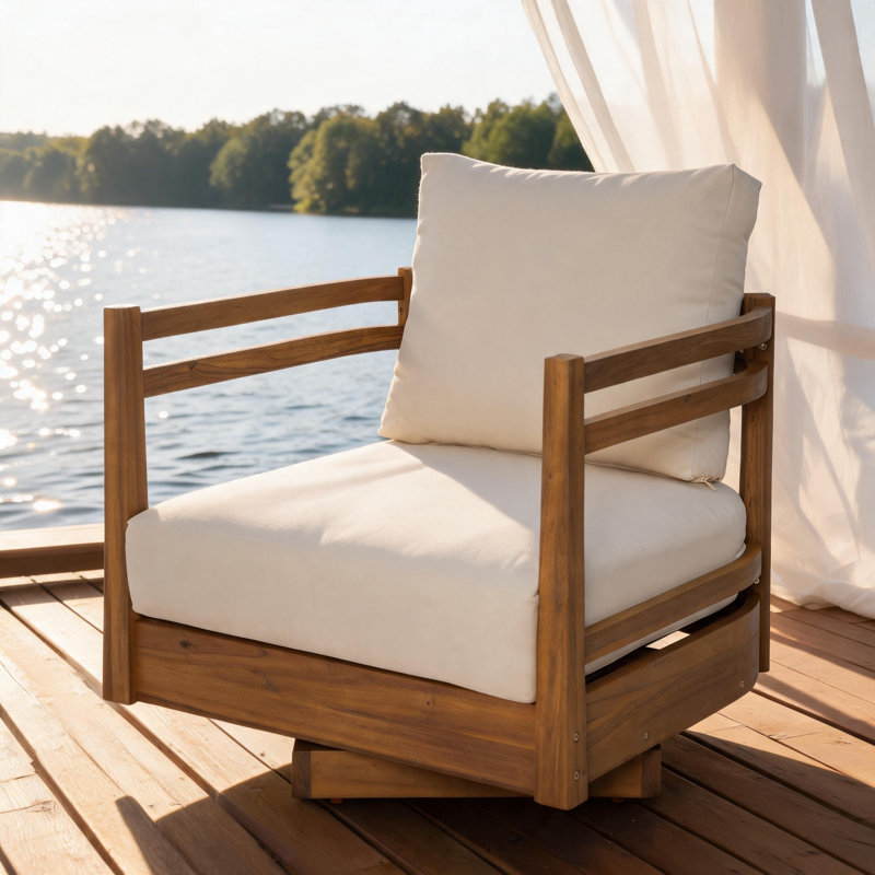 Chaise pivotante d'extérieur en bois d'acacia massif avec coussins beiges résistants aux intempéries