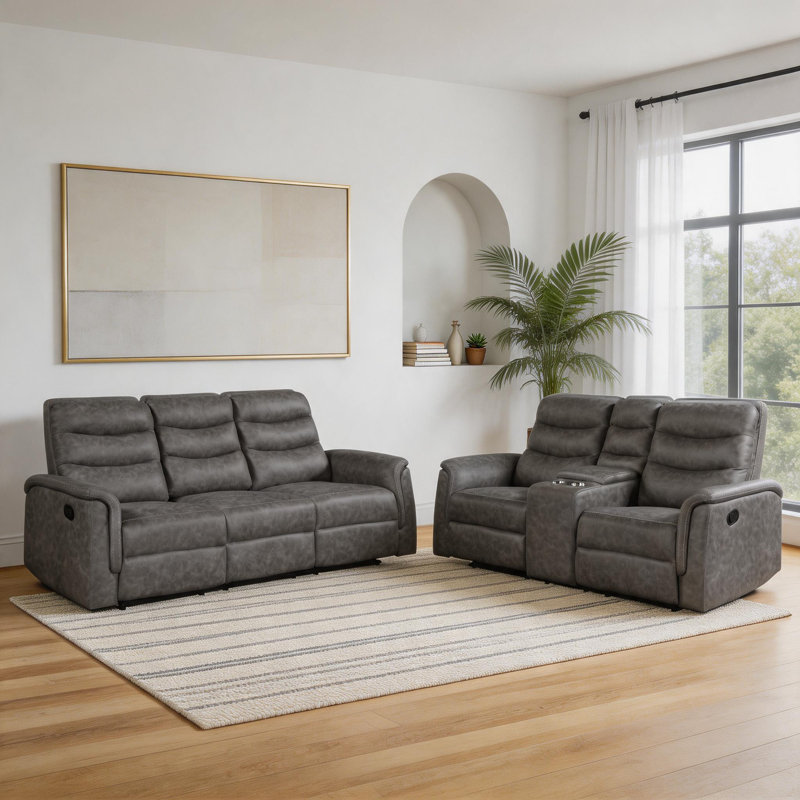 Ensemble de canapé de salon inclinable manuel en microfibre polie 2 pièces avec console centrale Ardyn, Grey