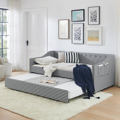 Lit de jour simple rembourré avec dossier capitonné, canapé-lit convertible 3 en 1, lit gigogne escamotable et rangement latéral pour une vie compacte