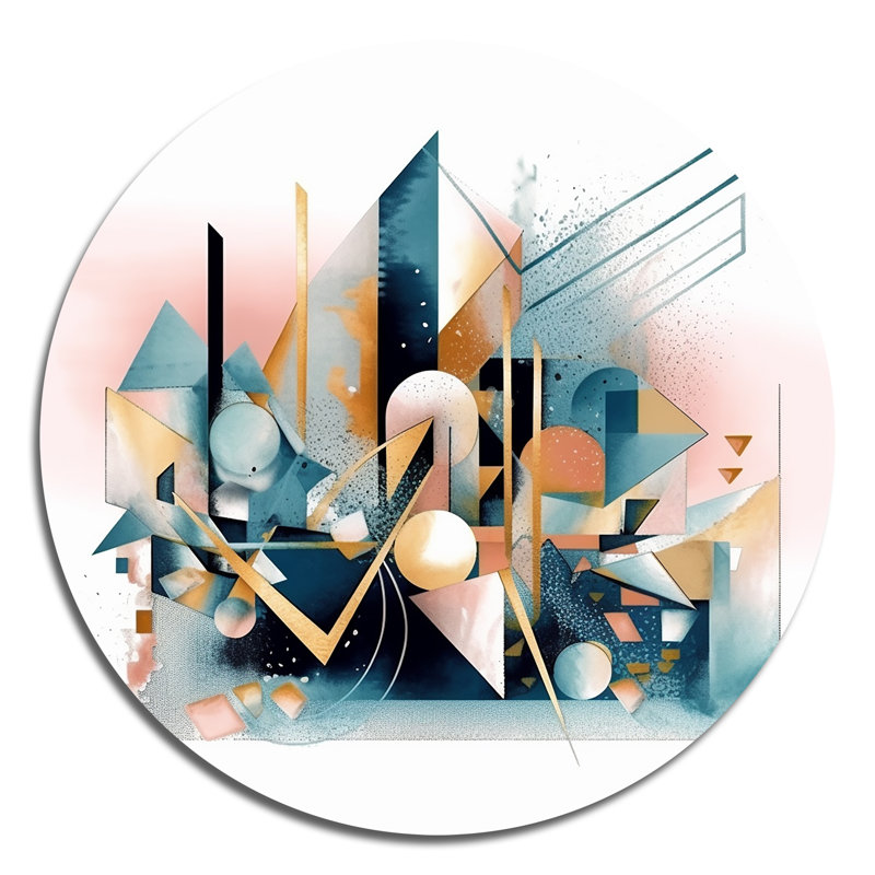 Bleu et rose embrassant le cubisme I - Minimalisme abstrait, art mural rond sur métal, H 36 po x l 36 po x P 1 po