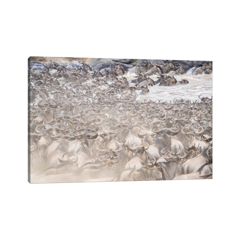 Africa, Kenya. Dusty Wildebeest Herd Crossing River by Jaynes Gallery - Wrapped Canvas Print