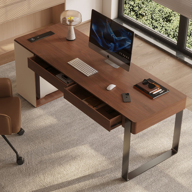 Bureau rectangulaire à 2 tiroirs brun noyer + kaki + argent manufacturé + acier inoxydable, Retour à gauche