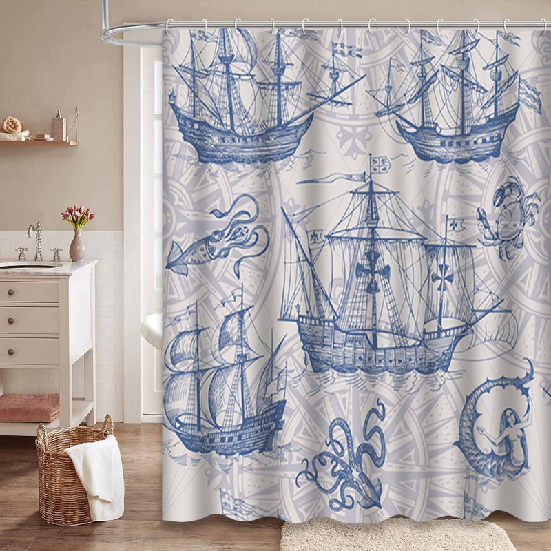 Rideau de douche nautique rétro avec 12 crochets, L 72 po x l 84 po