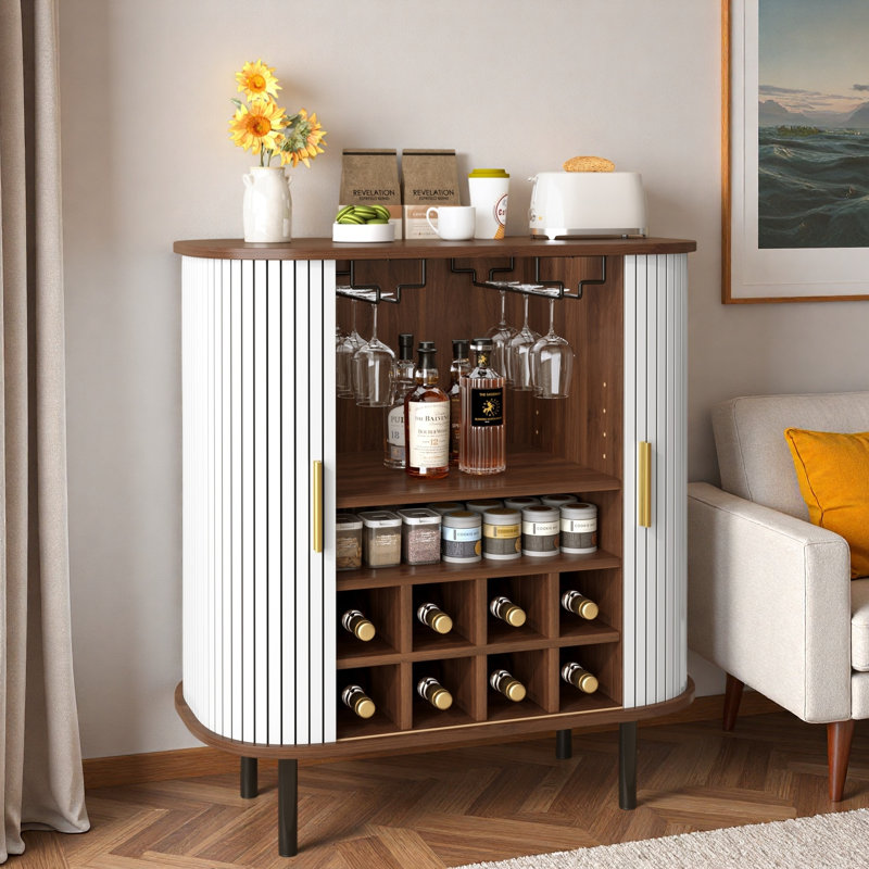 Fluted Wine Bar Cabinet With 8-grid Wine Rack, 5-level Adjustable Shelves, 2 Glass Holders, 4 Hidden Storage Space And Sliding Doors
