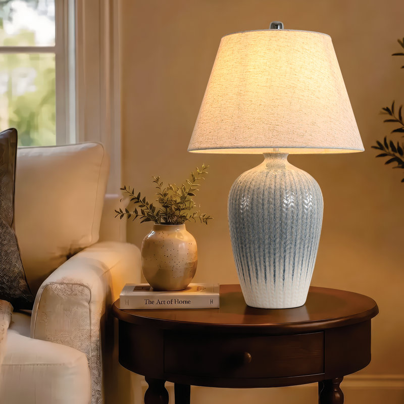 26 po Lampe de table moderne en céramique avec abat-jour en lin pour bureau de chambre à coucher