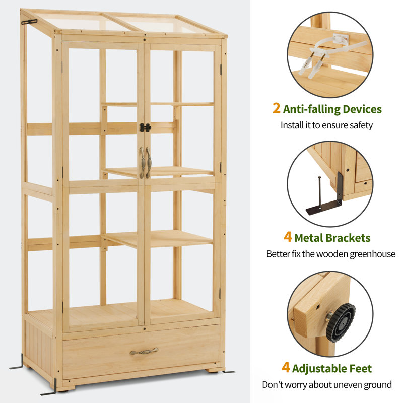 Natural Wood 3-Tier Cold Frame Greenhouse with Sliding Doors